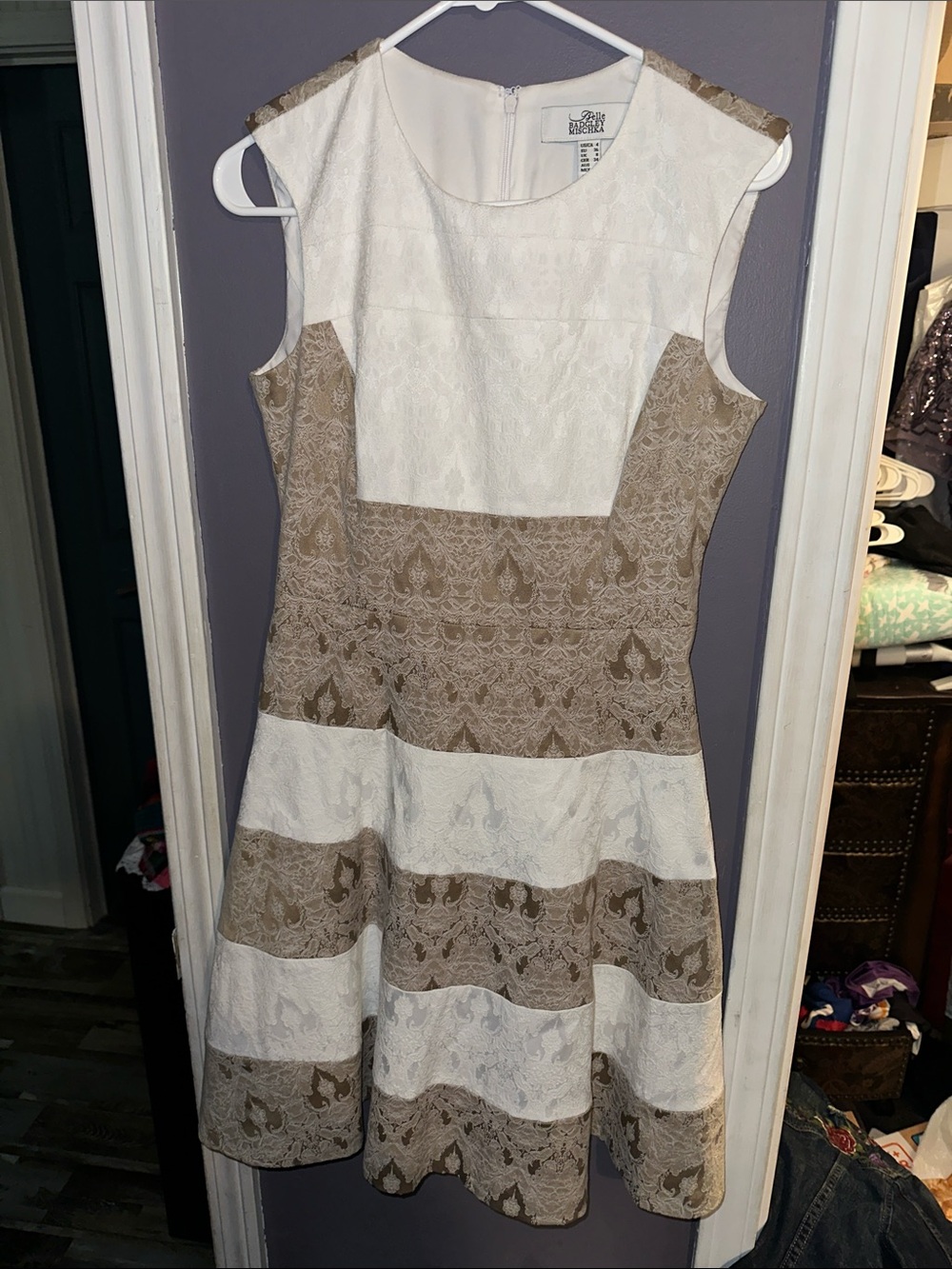 Badgley Mischka White and Tan Striped Midi Dress